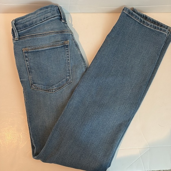 Good American crossover waist asymmetrical waist straight leg indigo blue jeans - Picture 14 of 16